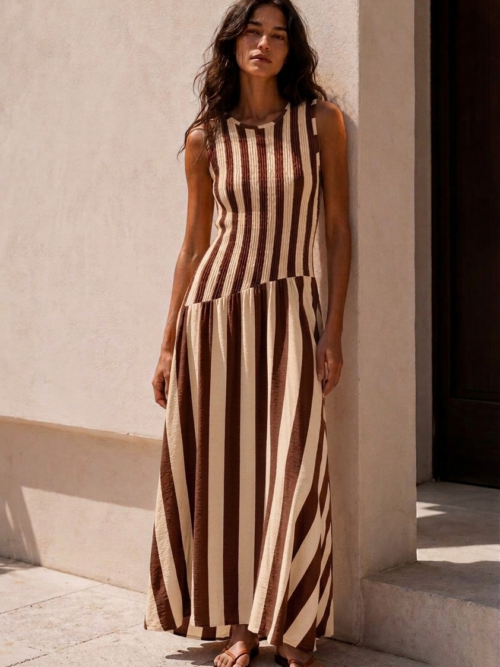 Vestido Largo Rayas Beige y Marrón Mujer Estilo Mediterráneo