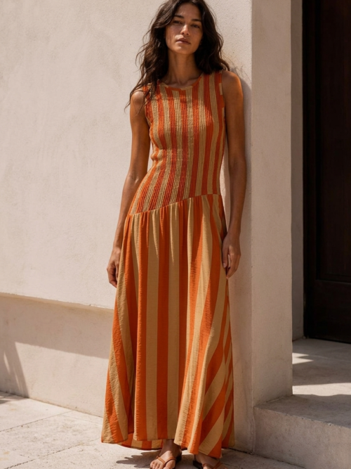 Vestido Largo Rayas Beige y Naranja Mujer Estilo Mediterráneo