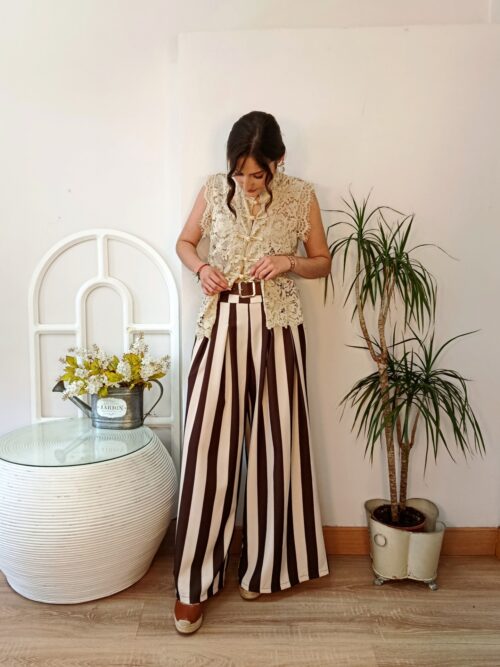 Pantalón palazzo de rayas beige y marrón fluido