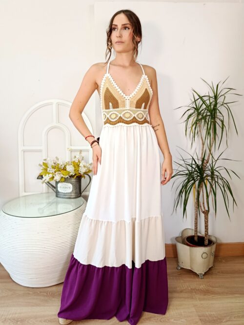 Vestido Largo Crochet Tricolor