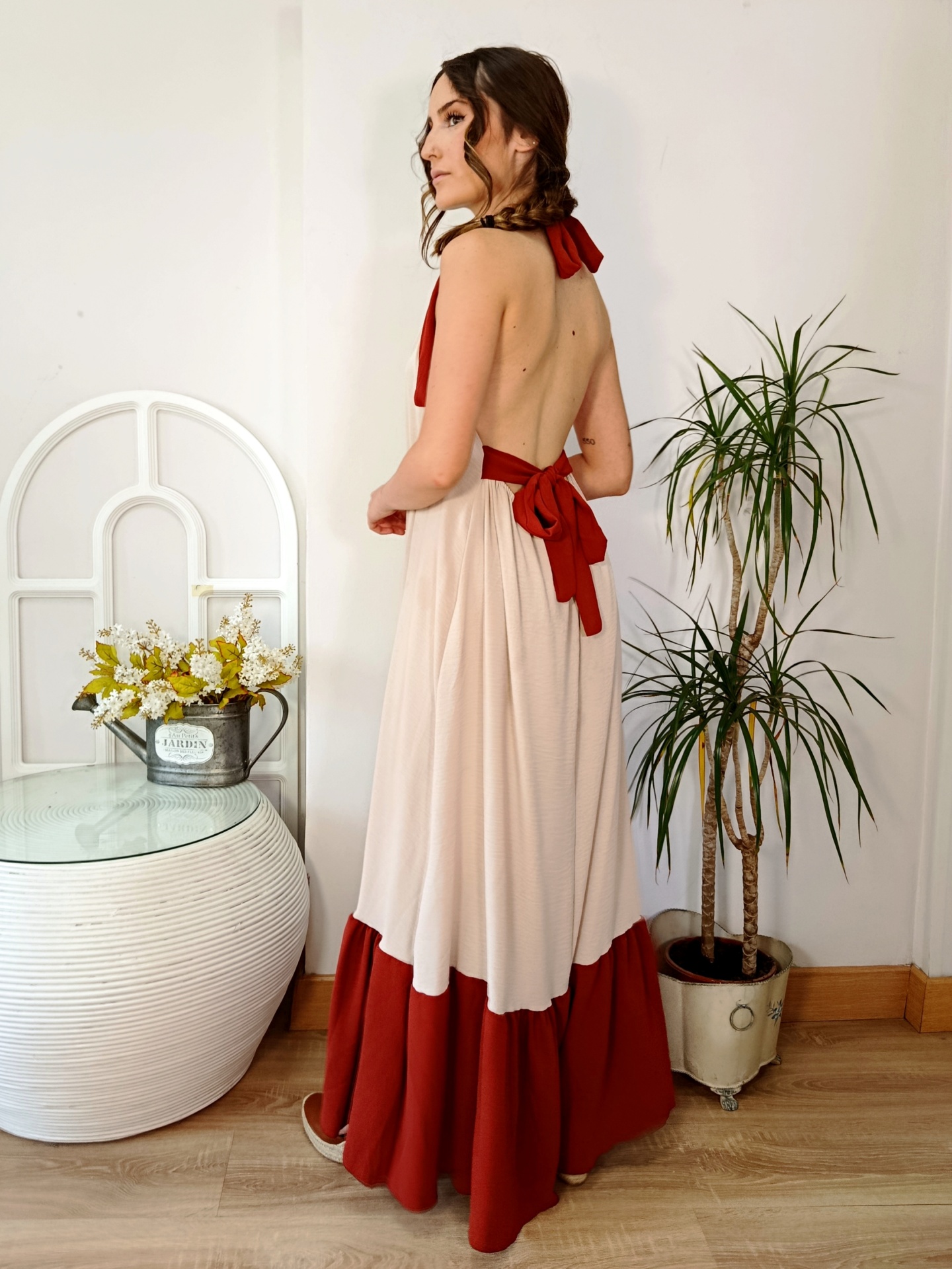 Vestido Largo Halter Beige y Teja - Imagen 2