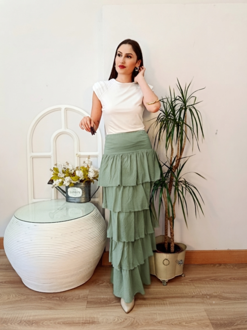 Falda Larga Volantes Verde Salvia