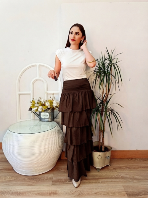 Falda Larga Volantes Marrón Chocolate