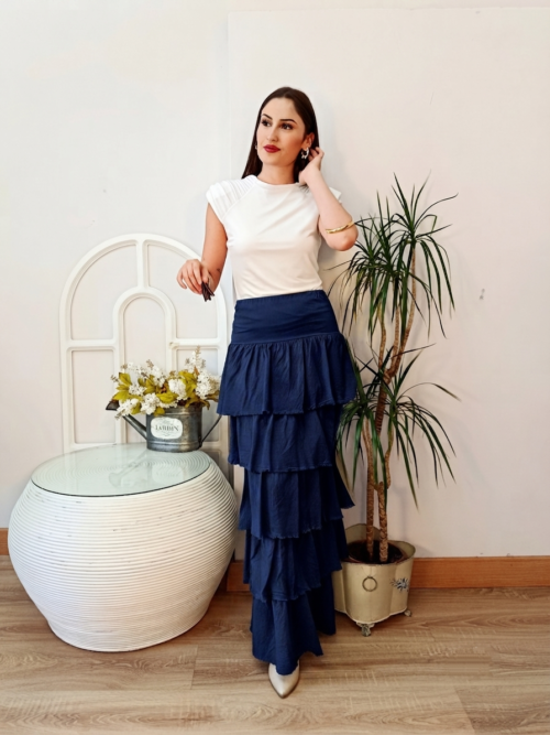 Falda Larga Volantes Azul Marino