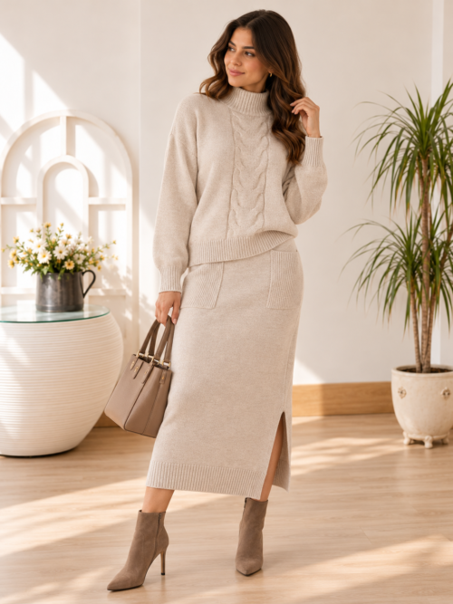 Conjunto de Punto Trenzado Beige